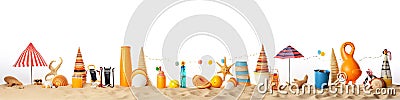 Horizontal border of various beach items, accessories and toys scattered on a white background. Summer vacation concept Stock Photo