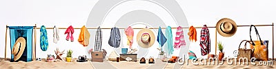 Horizontal border of various beach items, accessories and toys scattered on a white background. Summer vacation concept Stock Photo