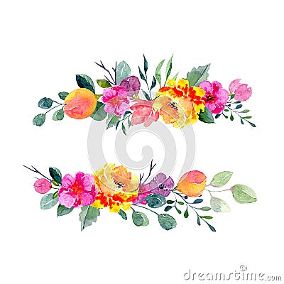 Horizontal botanical frame of watercolor floral arrangements. Natural hand drawn design with summer flowers and leaves Stock Photo