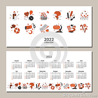 Horizontal calendar 2022. Set of isolated illustrations. Seasons vector clip art. Snowman hearts love flowers balloon Vector Illustration