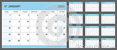 Horizontal calendar for 2023 year, 1 month on each page. Simple calendar grid isolated on a white background, Sunday to Monday, Vector Illustration