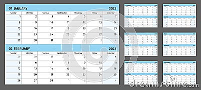 Horizontal calendar for 2023 years, 2 months on 1 page. Simple calendar grid isolated on a white background, Sunday to Monday, Vector Illustration