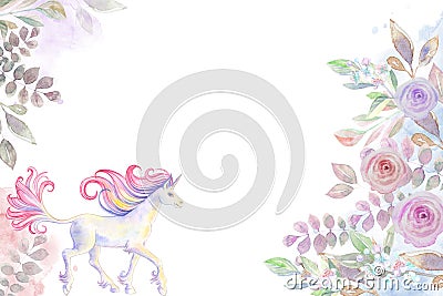 Horizontal card with floral pattern of roses and a unicorn horizontal Stock Photo