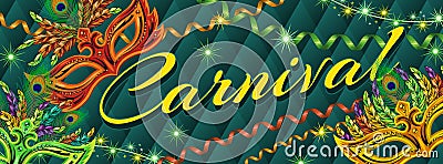 Horizontal carnival banner with masks, streamers, spiral ribbons, feathers Vector Illustration