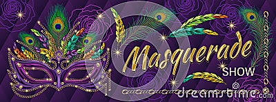 Horizontal carnival poster with luxury mask, jewelry gold chains, stars, text Vector Illustration