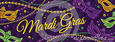 Horizontal carnival poster with masks, string of beads, text. Vector Illustration