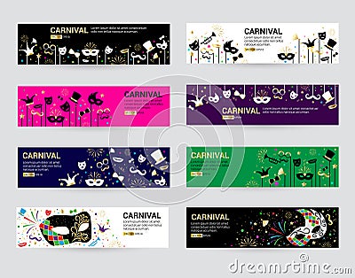 Horizontal carnival web banner masks celebration festive carnaval masquerade background festival flyer vector Vector Illustration