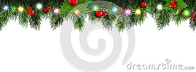 Horizontal Christmas border frame with fir branches, pine cones, berries and lights. Vector illustration. Vector Illustration