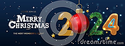 Horizontal Christmas and Happy New Year 2024 banner. Holiday posters, cards, headers, website. Vector illustration Vector Illustration