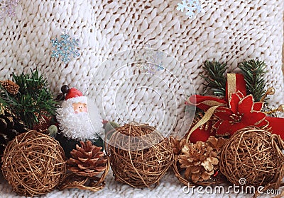 Horizontal Christmas holiday picture with New Year`s toys, green spruce branches, red beads. greeting card 2019 Stock Photo