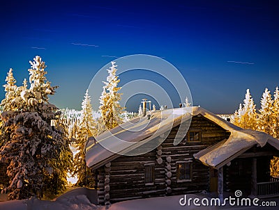 Horizontal Christmas New Year house with star trails Stock Photo