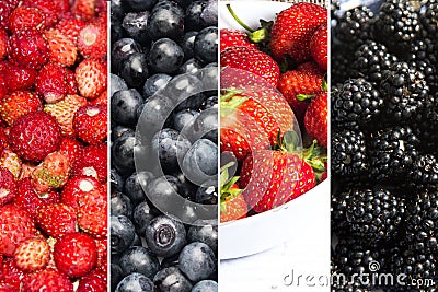 Horizontal collage of strawberries, blackberries, blueberries and strawberries . Fresh ripe berries. The concept of vegan food Stock Photo