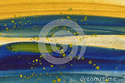 Horizontal colorful brush strokes ink texture background. Hand drawn ultramarine and yellow abstract paint smudges. Stock Photo