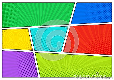 Horizontal comics backdrop. Bright template with cells, halftone effects and rays. Vector colorful background in pop-art Vector Illustration