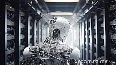 Horizontal Composition of CWhite yborg Robot Looking to the Side in Server Room AI CGI Stock Photo