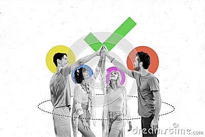 Horizontal contemporary photo collage of black white gamma group of young ambitious people fold hands together Stock Photo