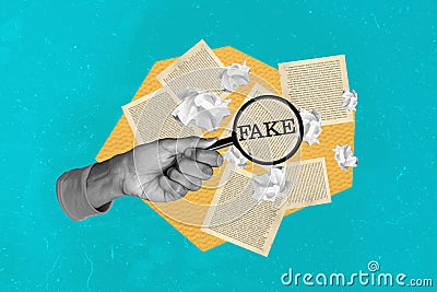 Horizontal creative photo collage of hand hold magnifying glass look at book pages read fake disinformation Stock Photo