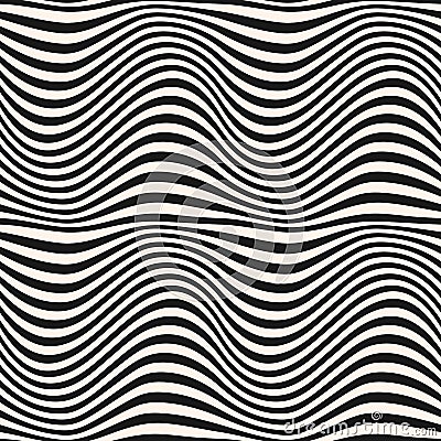 Horizontal curved wavy lines pattern. Dynamical 3D effect, illusion of movement. Vector Illustration
