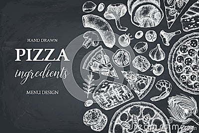 Horizontal design with hand drawn italian pizza ingradients sketches. Vector frame for pizzeria or cafe menu. Top view fast food i Cartoon Illustration