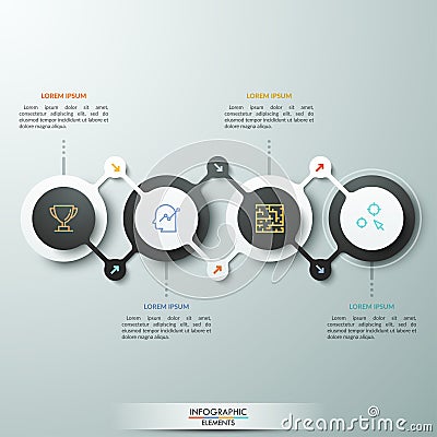 Horizontal diagram, 4 round elements connected in two different ways, thin line pictograms and text boxes. Steps of work Vector Illustration