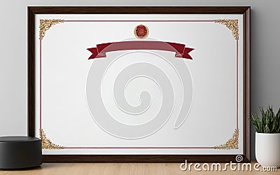 Horizontal diploma frame mockup. Empty photo frame on shelf or table. Mock up frame Certificate. Picture frame mockup. copy space Stock Photo