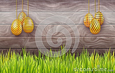 Horizontal Easter banner with hanging ornate eggs on wooden background with copy space. Stock Photo