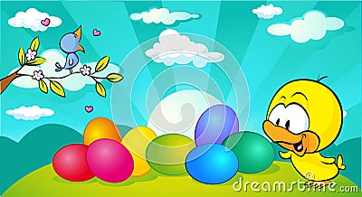 Horizontal easter and spring banner design with bird and chicken - vector Vector Illustration