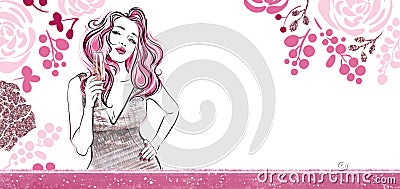 Horizontal floral banner. Girl with a glass of champagne sending air kiss. Templates for invintation Stock Photo