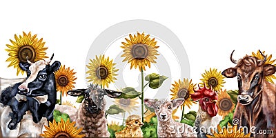 Horizontal frame with a composition of cows, sheep and chickens. Farm animals graze in a field of sunflowers. Digital illustration Cartoon Illustration