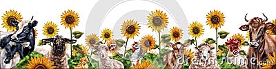 Horizontal frame with a composition of cows, sheep and chickens. Farm animals graze in a field of sunflowers. Digital illustration Cartoon Illustration