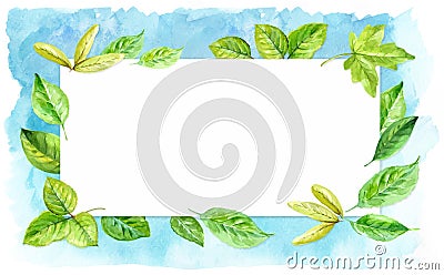 Horizontal frame made of various leaves in watercolor On a blue background. Hand-painted design elements. Stock Photo