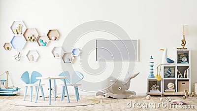 Horizontal frame mock up in children`s playroom interior with toys, kids furniture, table with chairs, shelves, scandinavian styl Stock Photo