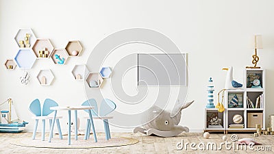 Horizontal frame mock up in children`s playroom interior with toys, kids furniture, table with chairs, shelves, scandinavian styl Stock Photo
