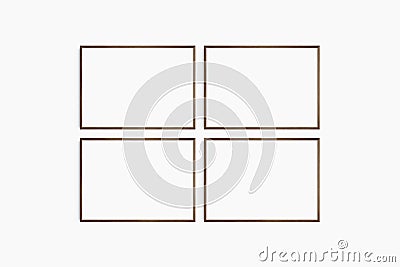 Horizontal frame mockup 7:5, 70x50, A4, A3, A2, A1 landscape. Set of four thin dark brown walnut wood frames. Gallery wall mockup Stock Photo