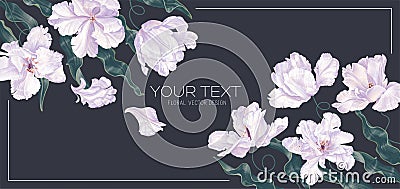 Horizontal frame spring banner with white tulips on dark background, place for text. Vector Illustration