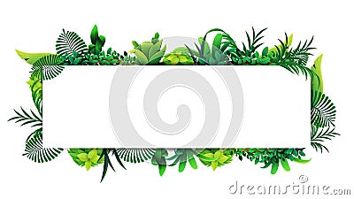 Horizontal frame of tropical leaves around a white empty rectangle. Vector Illustration