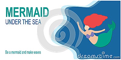 Horizontal greeeting invitation banner with cute little mermaid Ariel on a blue sea background with fish to the right. Beautiful Cartoon Illustration