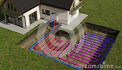 Horizontal ground source heat pump system for heating home with geothermal energy. 3D rendered illustration. Cartoon Illustration