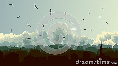 Horizontal illustration of big European city on background cloud Vector Illustration