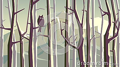 Horizontal illustration of cartoon forest with mountains. Vector Illustration