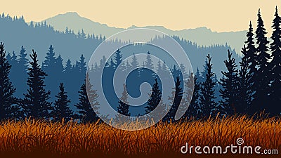 Horizontal illustration of grassy meadow with coniferous forest hills. Vector Illustration
