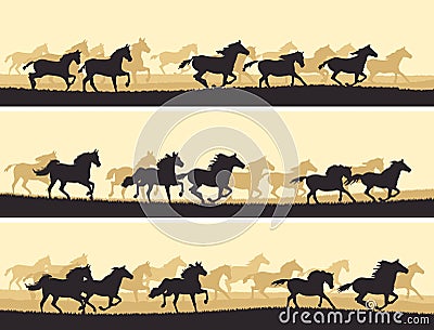 Horizontal illustration herd of horses. Vector Illustration