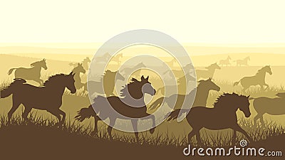 Horizontal illustration herd of horses. Vector Illustration