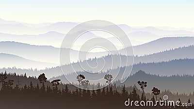 Horizontal illustration of morning misty in forest hills. Vector Illustration