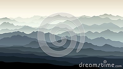 Horizontal illustration of morning misty mountain landscape. Vector Illustration