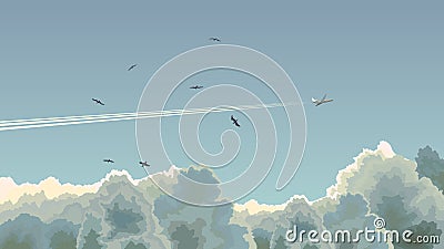 Horizontal illustration of plane among clouds. Vector Illustration