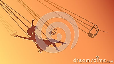 Horizontal illustration silhouette girl on swing at sunset. Vector Illustration