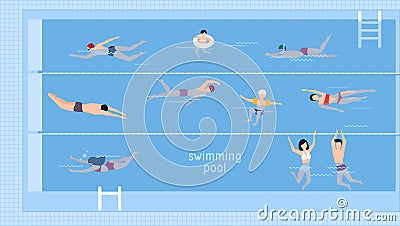 Horizontal illustration with swimmers in swimming pool. Top view. Various people and kids in water, swim in different Vector Illustration