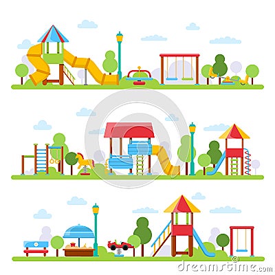 Horizontal illustrations with various views of children playground in urban park Vector Illustration