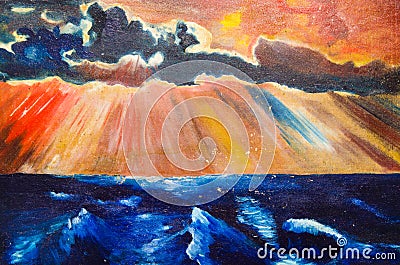 The horizontal image depicts the dark sea and the sunset Stock Photo